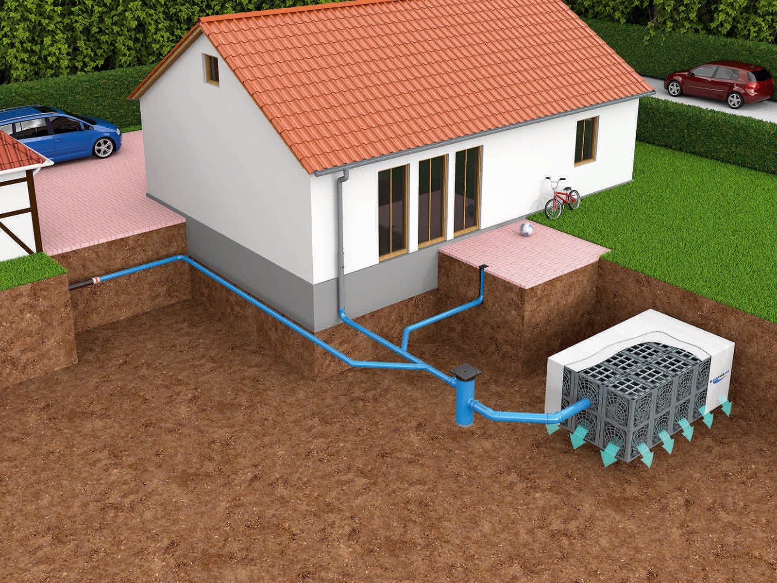 Der innovative D-Raintank kann beispielsweise für die Entwässerung von Dach und Terrasse eingesetzt werden.