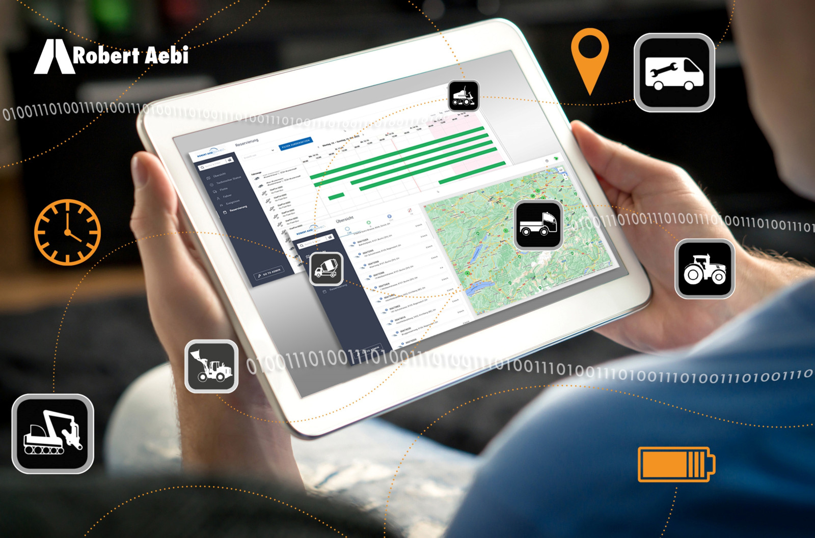 Das System Robert Aebi Connect bietet dem Nutzer stets eine aktuelle Übersicht über seine Flotte, erleichtert die Einsatzplanung maßgeblich und optimiert Auswertungen und Abrechnungen.